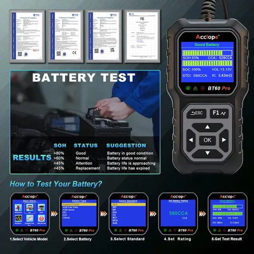 Miniatura 15 de BT60 Pro Probador de Batería de Coche, Analizador Digital con Impresión en la Nube, Verificador de Batería de 6V/12V/24V para AGM, Litio