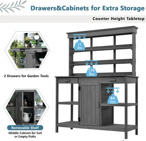Miniatura 5 de Mesa Grande para Macetas de Exterior de 66" con 2 Cajones, Gabinete, Estantes Abiertos, Banco de Madera para Macetas para Jardín, Patio, Casa