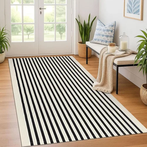 Miniatura 20 de KOZYFLY Felpudo a rayas blancas y negras de 2 x 3 pies, alfombra pequeña de área de algodón para porche delantero, alfombra lavable para exteriores