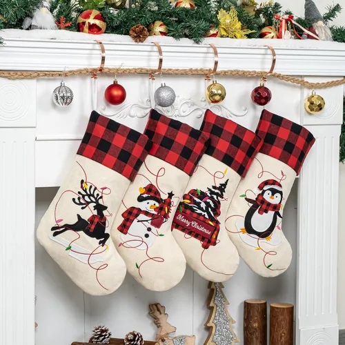 Miniatura 2 de LUBOT Juego de 4 medias de Navidad grandes para la familia, 20 pulgadas, silueta de búfalo rojo a cuadros para colgar en la chimenea, decoración