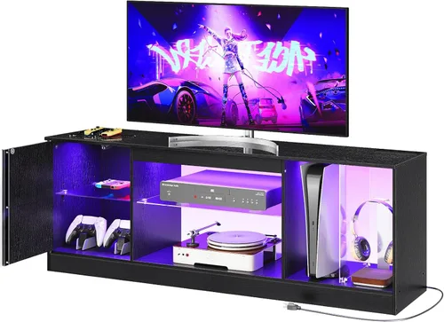 CHOEZON Soporte de TV con tomas de corriente de 55 y 65 pulgadas, moderno centro de entretenimiento con luz LED multicolor, consola de TV multimedia