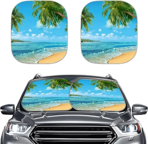 Miniatura 27 de Parasol para parabrisas de automóvil con estampado de playa tropical, protección universal para proteger el interior del automóvil, bloquea