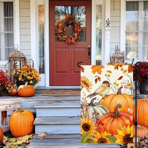 Miniatura 6 de Bandera de jardín de calabazas de pájaro de otoño de 12 x 18 pulgadas, doble cara exterior, hojas de girasol de otoño, cosecha de Acción de Gracias