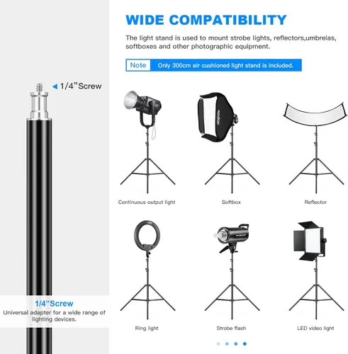 Miniatura 3 de Soporte de luz resistente de 9.8 pies / 9.8 ft ajustable de 22.0 lbs/22 libras, carga máxima, soporte de trípode acolchado de aire con rosca de 1/4
