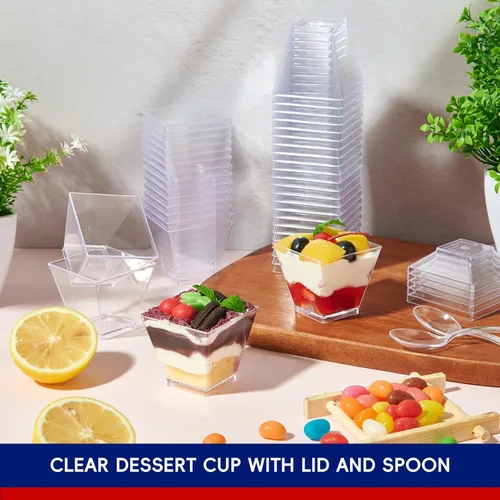 Miniatura 5 de JOLLY CHEF Paquete de 100 mini tazas de postre de 2 onzas con cucharas y tapas, taza cuadrada alta de plástico transparente para aperitivos