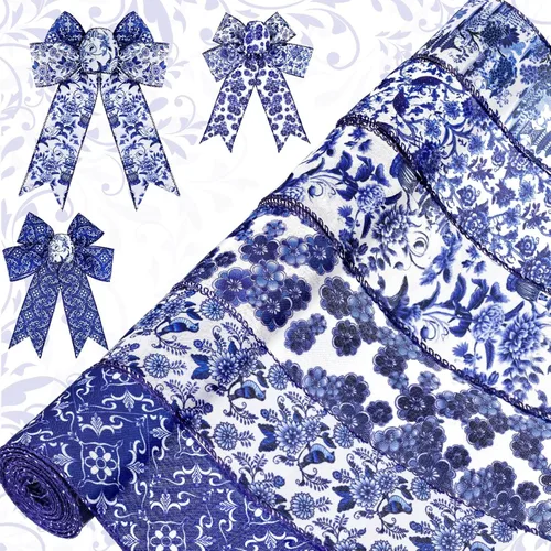 Lyrow 6 Rollos de Cinta Chinoiserie Blanca y Azul con Borde Alambrado, Patrón Floral de Mariposas y Flores, Cinta de Tela para Manualidades, Blanco