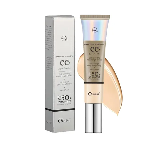 O'CHEAL Base CC con SPF 50+, hidratante de cobertura completa, corrector de color, base en polvo, ligera, impermeable, sin aceite, para todo tipo de