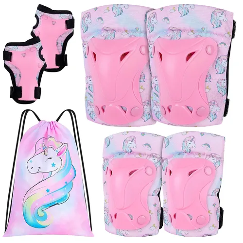 FIODAY - Rodilleras para niños, rodilleras para niños pequeños y coderas con bolsa de cordón, juego de equipo de protección ajustable para niñas y