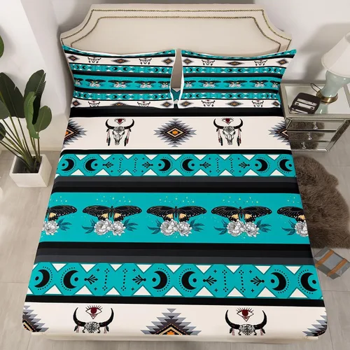 Miniatura 28 de Juego de ropa de cama de estilo bohemio occidental, tamaño individual, diseño de vaca atrapasueños, sábana bajera ajustable del suroeste, tribu