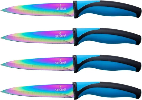 Miniatura 11 de SiliSlick Juego de cuchillos para carne de acero inoxidable, cuchillos de cocina coloridos con revestimiento de titanio con borde recto, suave