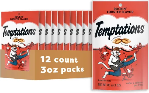 Temptations Classic Cat Treats, sabor a langosta Rockin, golosinas crujientes y suaves para gatos, bolsa de 3 onzas (paquete de 12)