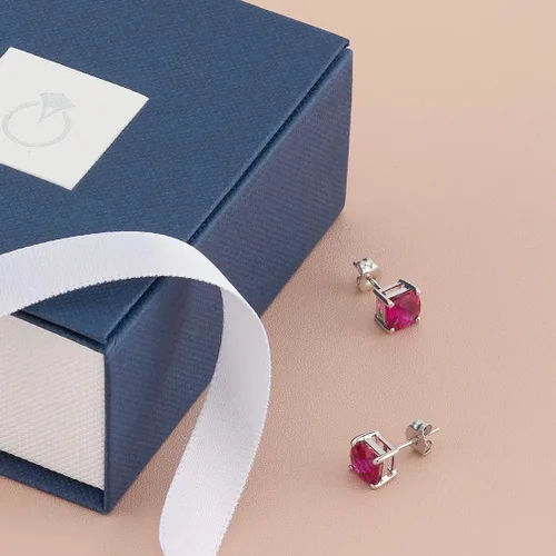 Miniatura 6 de Peora Aretes de rubí creado en oro blanco de 14 quilates para mujer, hipoalergénicos, corte cojín de 0.236 in, 2.50 quilates en total, espalda