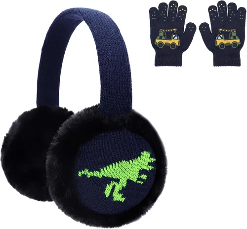 LUCKYBUNNY Juego de orejeras de dinosaurio de punto para niños, orejeras de felpa cálida para invierno y exteriores, para clima frío