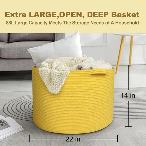 Miniatura 3 de MEGASKET Cesta amarilla extragrande, 22 x 22 x 14 pulgadas, cuerda de algodón, decoración amarilla para sala de estar, dormitorio, cesta tejida