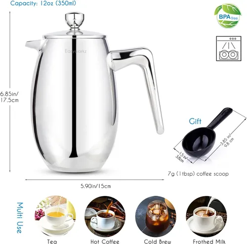 Miniatura 2 de Easyworkz Nando French Press - Cafetera térmica con aislamiento de doble pared de 12 onzas, cafetera de acero inoxidable 304