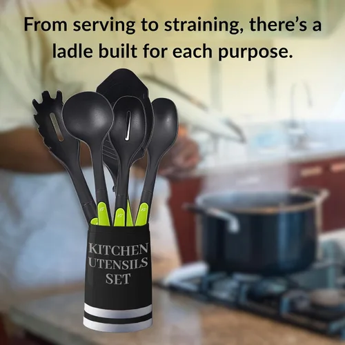 Miniatura 4 de Supa Ant Juego de utensilios de cocina de 5 piezas, cuchara para conservas XL, cucharón de nailon con agujeros, cuchara para pasta/tenedor, cucharas
