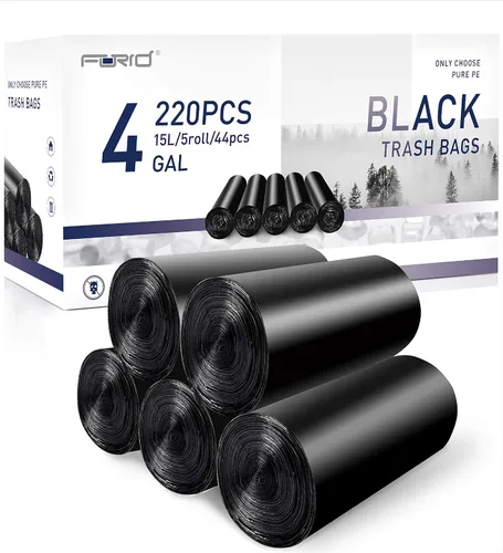 FORID Bolsas de basura pequeñas negras, bolsas de basura de 4 galones, 220 forros de plástico resistentes para cubos de basura de 15 litros para