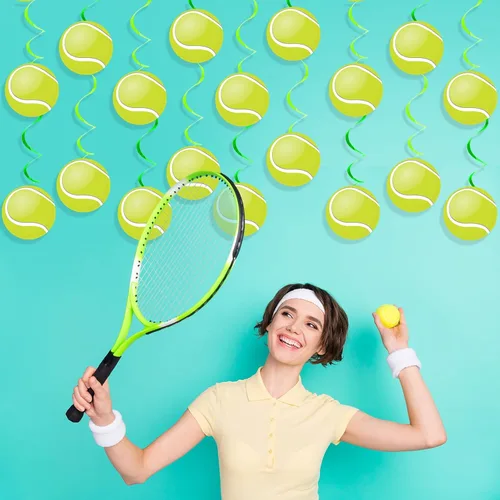 Miniatura 7 de 60 piezas de decoración de remolinos de papel de aluminio para fiesta de tenis, pancartas colgantes de techo con pelota de tenis, decoración