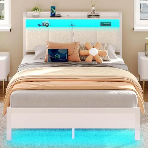 Miniatura 8 de Rolanstar Armazón de cama tamaño completo con estación de carga y luces LED, cabecera tapizada con estantes de almacenamiento, listones de metal