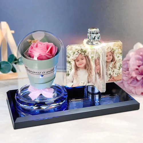 Miniatura 15 de Luz de foto personalizada mexicana LED rosa flor cristal rectangular foto marco personalidad luz 3D cristal foto marco regalo de Navidad, AZUL