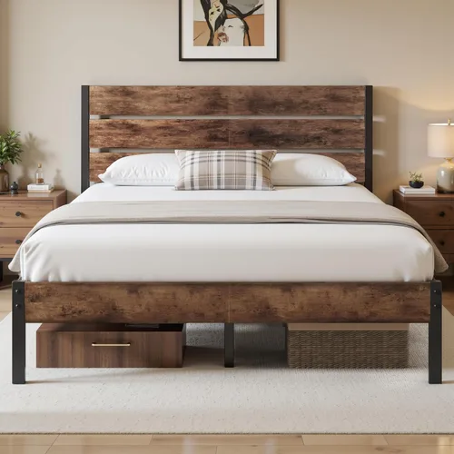 Lifezone Base de cama Queen con cabecero y estribo, marco de cama de metal Queen con almacenamiento debajo de la cama, sistema de soporte de metal,