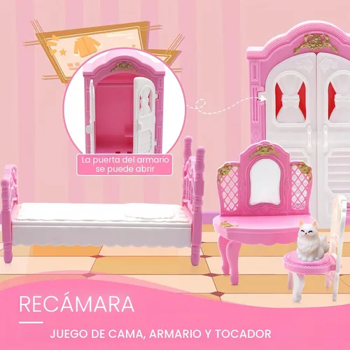 Miniatura 5 de Casa de muñecas, con sala de estar, dormitorio, baño, muebles de cocina, casa de muñecas de doble cara con 1 muñeca, 3 juegos de ropa, luces