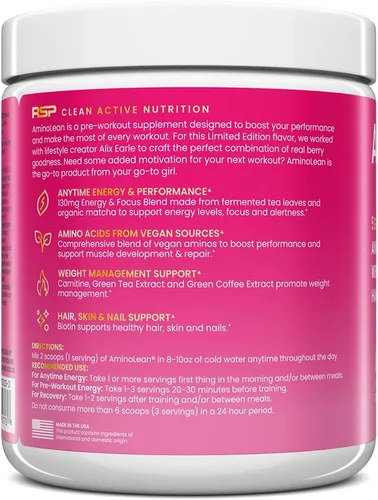 Miniatura 7 de RSP NUTRITION AminoLean Pre Entrenamiento, Energía Limpia Sin Nerviosismo, Hormigueo o Caída, Apto para Veganos con Biotina Añadida para Cabello