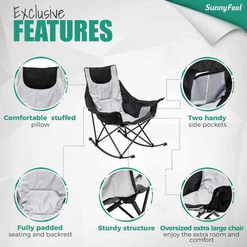 Miniatura 6 de SUNNYFEEL Silla Mecedora de Camping de Gran Tamaño, Silla de Patio Totalmente Acolchada con Bolsillo Lateral, Sillón Reclinable Portátil de Respaldo
