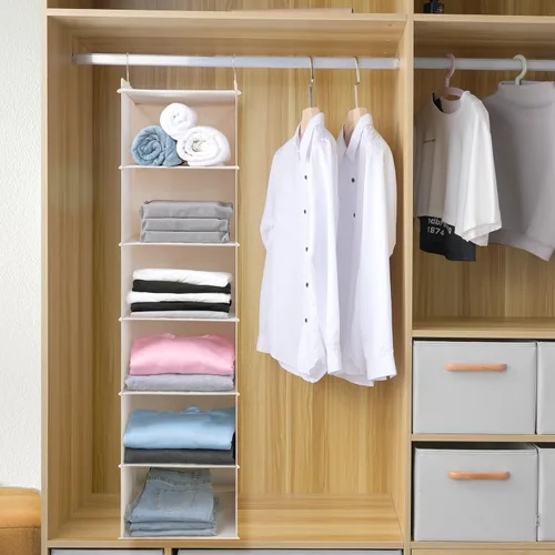 Miniatura 3 de Organizador colgante grande de suéter para armario, estantes colgantes plegables de 6 estantes con cajones, lavable (beige, 6 estantes)