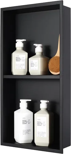 Nicho de ducha empotrado de 24 x 12 pulgadas con estantes dobles, inserto de pared de acero inoxidable negro mate, no necesita azulejos,