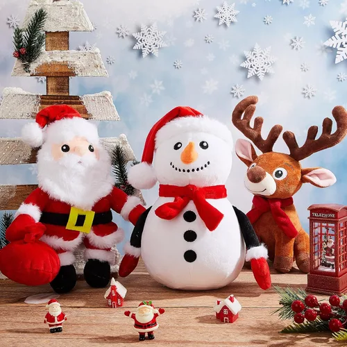 Miniatura 9 de Poen Juego de 3 Animales de Peluche Navideños de 11 Pulgadas, Papá Noel, Muñeco de Nieve, Reno, Almohadas de Felpa, Juguetes de Muñecos de Peluche