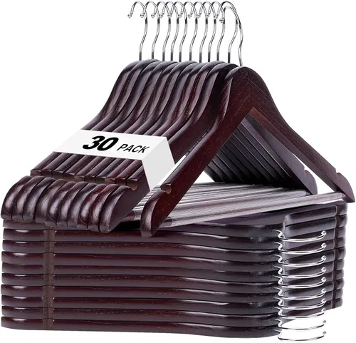 Miniatura 26 de HOUSE DAY - Paquete de 10 perchas de madera negra, percha de madera maciza con barra antideslizante para pantalones, percha de abrigo de madera Negro