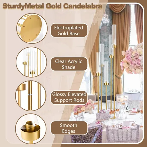 Miniatura 4 de Candelabro de 5 brazos con pantalla acrílica, juego de 4 candelabros dorados para mesa de boda, fiesta de cumpleaños, decoración del hogar, 39.4