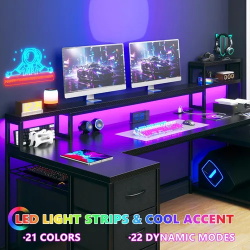 Miniatura 4 de Escritorio para juegos en forma de L de 71 pulgadas con 3 cajones y estante superior, escritorio para computadora con soporte para monitor y toma