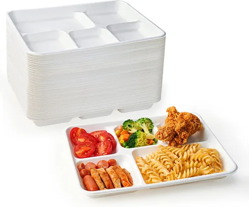 Miniatura 12 de ECOLipak Platos de 5 compartimentos 100% compostables, paquete de 100 platos de papel desechables con compartimentos, platos biodegradables de caña