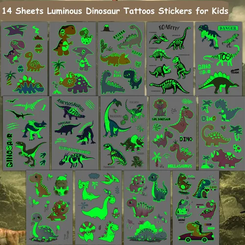 Miniatura 3 de CHARLENT Tatuajes luminosos de dinosaurio para niños, 14 hojas de tatuajes temporales de dinosaurios que brillan en la oscuridad para niños y niñas