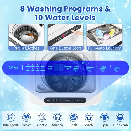 Miniatura 3 de COSTWAY Lavadora portátil, lavadora portátil completamente automática de 11 libras con 8 modos, 10 niveles de agua, pantalla LED y bomba de drenaje