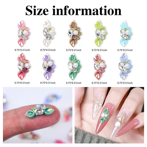 Miniatura 2 de 30 dijes de uñas con diseño de flores 5D, parte trasera plana en relieve, con diamantes de imitación, cristales de perla, gemas de diamante, joyas
