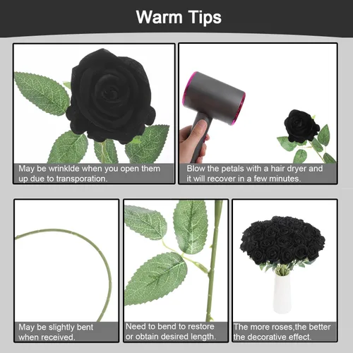 Miniatura 5 de 12 rosas artificiales de terciopelo sintético para decoración del hogar y boda (rosa perla, negro)