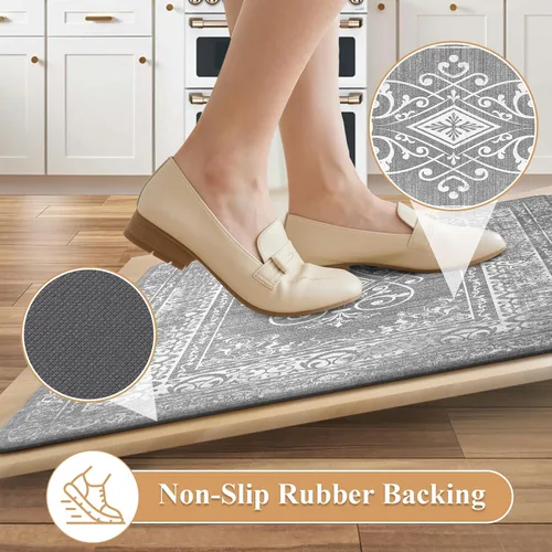 Miniatura 4 de Ileading Juego de 2 tapetes de cocina antifatiga, acolchados para piso, impermeables, antideslizantes, cómodos para cocina, oficina, fregadero, Gris