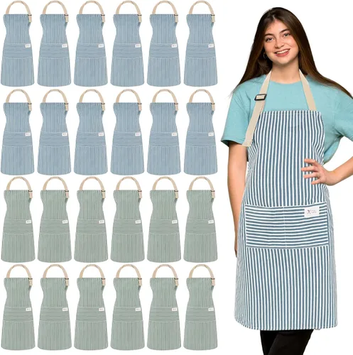 Miniatura 20 de Janmercy 24 delantales para mujeres y hombres con 2 bolsillos, delantal de cocina de lino, delantal ajustable para chef, delantales a granel unisex