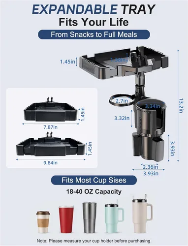 Miniatura 3 de Bandeja Portavasos para Auto, Expansor de Portavasos 4 en 1 con Mesa Bandeja de Comida Expandible, para Artículos Esenciales de Viaje por Carretera