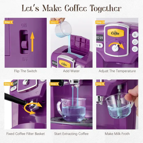 Miniatura 3 de Toylink Cafetera de juguete para niños con sonido y luces, juego de café morado para niños, accesorios de cocina con tazas y comida de juego