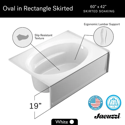 Miniatura 6 de JACUZZI SIGNATURE - Bañera de acrílico con faldón, antideslizante, colocación de drenaje derecha, 60 pulgadas de largo x 42 pulgadas de ancho, Blanco