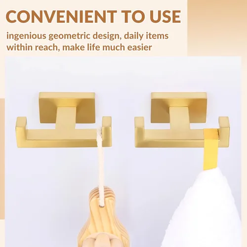 Miniatura 6 de APLusee Paquete de 2 ganchos dobles para toallas de baño, soporte cuadrado de doble capa de acero inoxidable sólido, moderno para baño y cocina, Oro