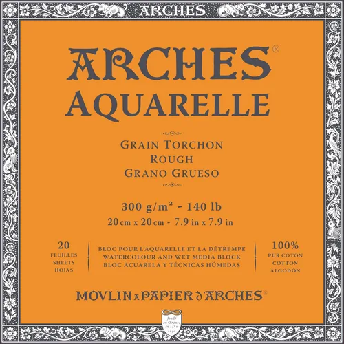 Arche - Bloque de papel para acuarela, 10.6 oz (300 g), grueso, 7.9 x 7.9 pulgadas, 20 hojas (1795084), blanco natural