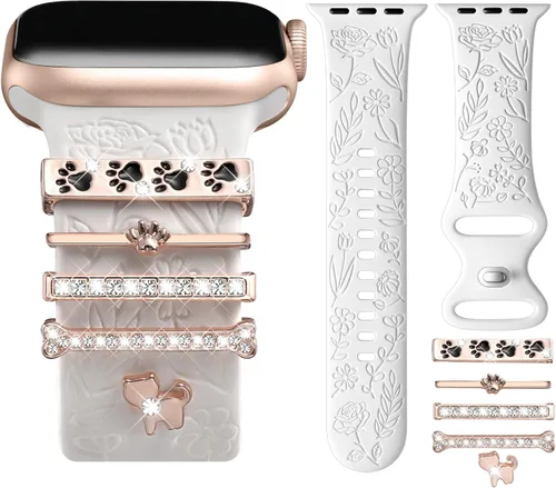 Miniatura 26 de DaQin Banda con Flor Grabada Compatible con Apple Watch, Bandas de 44mm, 42mm, 45mm, 46mm para Mujeres, Correa de Silicona Suave con Decoración