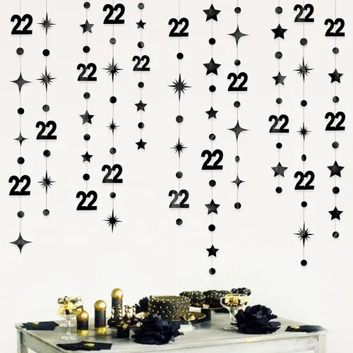 Decoraciones Negras de Cumpleaños Número 22 Círculo Punto Estrella Guirnalda Serpentina Banderín Banner Telón de Fondo para Mujeres Hombres