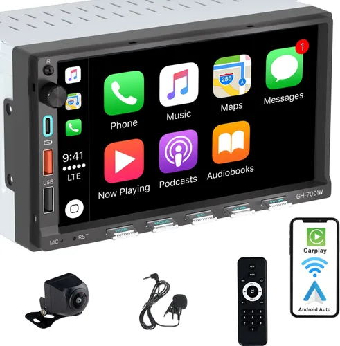 Estéreo de auto doble DIN con pantalla táctil de 7 pulgadas, compatible con Apple CarPlay, Android, Bluetooth, radio AM/FM, USB, carga rápida 3A,