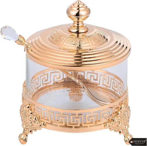 Matashi Azucarero chapado en oro rosa, plato de miel, cuenco de cristal con diseño contemporáneo con cuchara tachonada de cristal, día de la madre,
